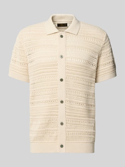 Produktfoto, Modern Fit vrijetijdsoverhemd in tricotlook met knoopsluiting van Jack & Jones Premium, model 'BLUHAMILTON', puur katoen, kentkraag, ruglengte maat M 72 cm, mouwlengte maat M 23 cm, beige kleur, fijne open breistructuur, zachte textuur
