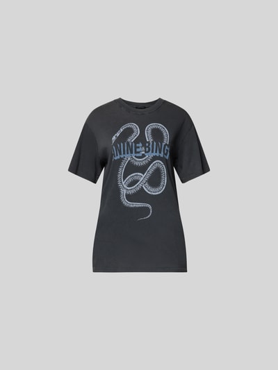 Produktfoto, Slim Fit T-Shirt aus reiner Baumwolle von Anine Bing mit Label-Print, Rundhalsausschnitt, kurzärmeligem Design in dunklem Farbton