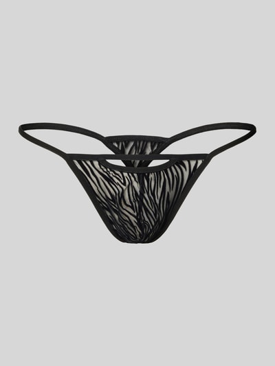 Produktfoto, schwarzer String mit Cut Out aus semitransparentem Material-Mix mit Stretch, Modell 'Personal Allure' von WOH, Zebramuster.