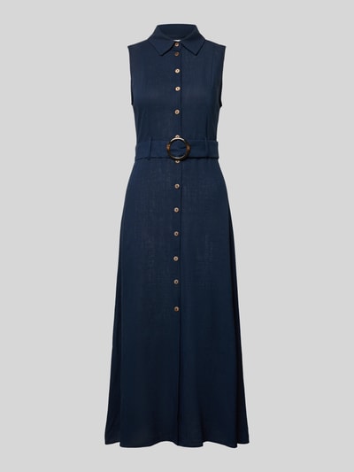 Produktfoto, Maxikleid aus Viskose-Mix mit Gürtel von Apricot, Damen Maxikleid mit Leinen-Viskose-Anteil, taillierter Schnitt, Hemdblusenkragen, Knopfleiste, Rückenlänge 120 cm, Brustweite 31 cm, dunkelblau, matte Struktur