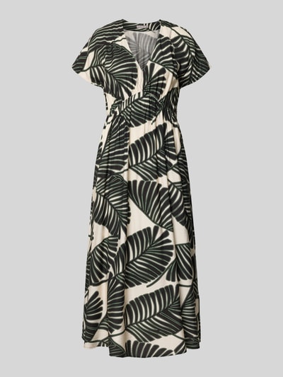 Produktfoto, Midikleid aus Viskose-Mix mit floralem Allover-Print von Christian Berg Woman Selection, Tailliert, V-Ausschnitt, Kurzärmelig, schwarz-weiß, glatte Textur