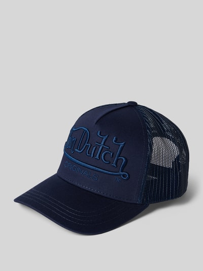 Produktfoto, Trucker Cap mit Label-Stitching von Von Dutch, Herren Trucker Cap aus Baumwoll-Mix, verstärkter Schirm, Größenverstellbar, dunkles Blau mit Mesh-Struktur