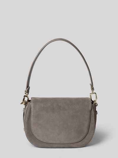 Produktfoto, Crossbody Bag aus reinem Kalbsleder Modell 'Big Sister' von Hey Marly in Grau mit abnehmbarem Schulterriemen, goldene Details, glatte Textur, Reißverschluss, Logo-Detail, Maße 27x17x6 cm, Schulterriemen 145 cm.