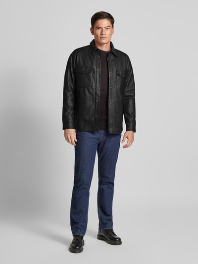 Jack & Jones Premium Leren jack met kentkraag, model 'SERGE' Zwart - 1