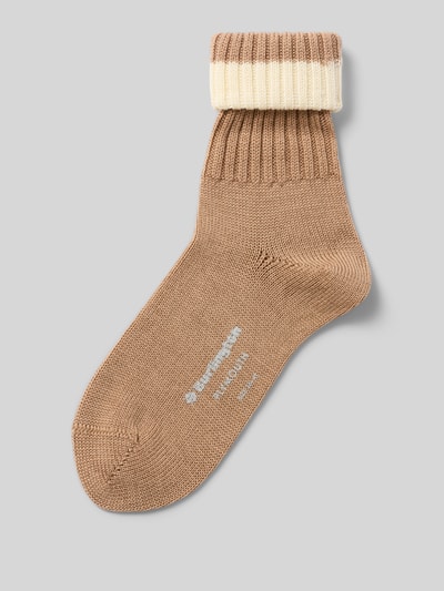 Produktfoto, Wollsocken aus Schurwoll-Mix Modell 'PLYMOUTH' von Burlington, imitacja dzianiny, zakładka w kontrastowym kolorze, detal z logo, elastyczne prążkowane ściągacze