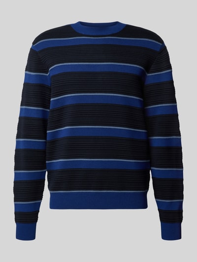 Produktfoto, Strickpullover mit Struktur-Muster von Armani Exchange in Blau und Schwarz mit gerippten Abschlüssen, lockerer Schnitt, reine Baumwolle