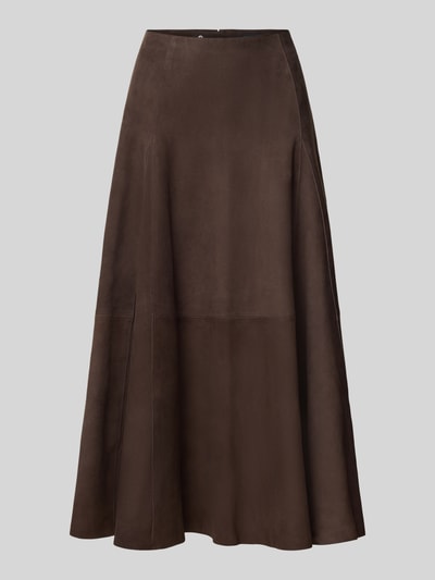 Produktfoto, dunkelbrauner Midirock aus echtem Leder Modell 'Kilar' von Cph Muse, A-Linie, glatte Struktur, sichtbarer Reißverschluss, Bundweite 38 cm, Länge 84 cm
