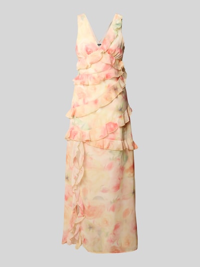 Produktfoto, Maxikleid mit Rüschenbesatz van Gina Tricot, nauwsluitend, bloemenprint all-over, V-hals, mouwloos design, loopsplit, pastelkleuren