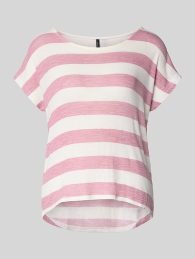 Produktfoto, Boxy Fit T-Shirt aus Viskose-Mix Modell 'WIDE STRIPE' von Vero Moda in Rosa-Weiß mit Optik:Allover-Muster, Streifenmuster, Feinstrick