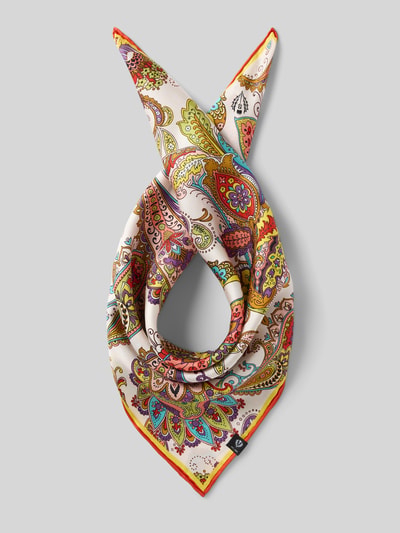 Produktfoto, Tuch aus reiner Seide Modell 'Nicki' von FRAAS, rechteckige Form, bunte Paisley-Muster auf heller Oberfläche, Logo-Detail, Breite 50 cm