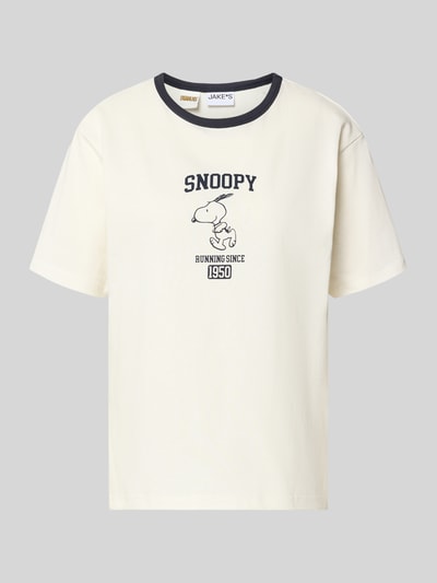 Produktfoto, T-Shirt mit Motiv-Print und Rundhalsausschnitt von Jake*s Casual, bawełna, krój relaxed fit, biały z czarnym nadrukiem, gładka tekstura, długość tyłu w rozmiarze S: 60 cm