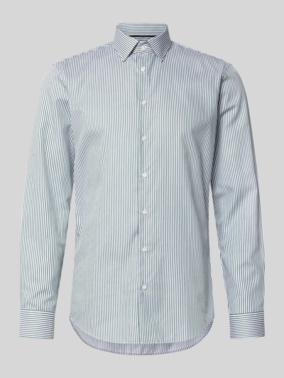 Produktfoto, Slim Fit Business-Hemd mit Kentkragen von Jake*s aus Reine Baumwolle, vertikale Streifen, Knopfleiste, Sportmanschetten, abgerundeter Saum, verlängerter Rücken, klassisch weiß-blau, glatte Textur, Rückenlänge bei Größe 39/40: 78 cm, Schulterbreite bei Größe 39/40: 47 cm, Ärmellänge bei Größe 39/40: 66 cm