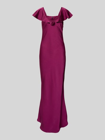 Produktfoto, Fließendes Abendkleid aus Satin Modell 'RITA' von Vero Moda in Optik: Unifarben, Passform: fließend, Maxi-Länge, U-Ausschnitt, Applikation: Satin-Rose, Trägerform: schmale Träger mit Frill, Materialverarbeitung: Satin.