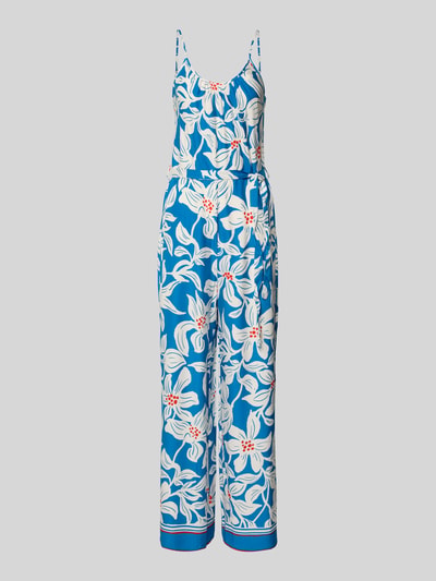 Produktfoto, jumpsuit uit zuiver viscose met blauwe en witte bloemenprint, spaghettibandjes, getailleerd model, strikceintuur, model 'Rylie' van GUIDO MARIA KRETSCHMER WOMAN, ronde hals, ruglengte maat 36: 128 cm, borstwijdte maat 36: 32 cm, totale lengte maat 36: 128 cm, binnenbeenlengte maat 36: 78 cm.