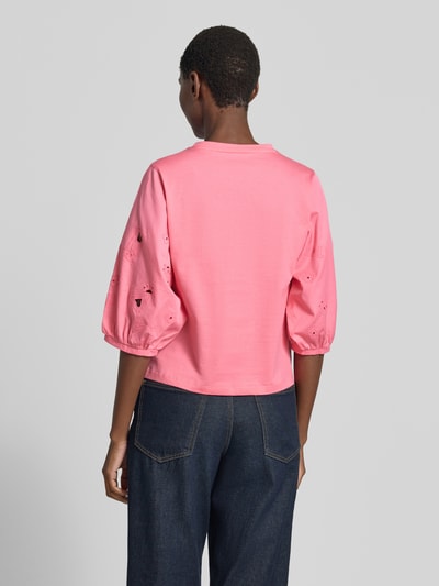 Marc Cain t-shirt z rękawem o dł. 3/4 i haftem angielskim Mocnoróżowy 5