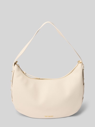Produktfoto, Halfmoon Bag mit Label-Detail Modell 'Lifetime Sister' von Hey Marly ze skory bydlęcej, główna przegroda z zamkiem błyskawicznym, przegródka zapinana na zamek błyskawiczny wewnątrz, szerokość w rozmiarze 1: 33 cm, długość w rozmiarze 1: 28 cm, głębokość w rozmiarze 1: 13 cm, długość paska na ramię w rozmiarze 1: 53 cm, kremowy odcień, faktura ziarnista.