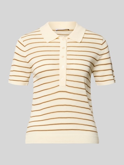 Produktfoto, Strickshirt mit Polokragen und kurzer Knopfleiste Modell 'TENCYP' von Mango, Damen, Modern Fit, Gerippte-Abschlüsse, cremefarben mit braunen Streifen, Rückenlänge 53 cm in Größe S, Ärmellänge 21 cm, glatte Textur
