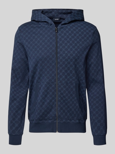 Produktfoto, Sweatjacke mit Logo-Muster und Kapuze von JOOP! Collection in Dunkelblau, Reißverschluss, Eingrifftaschen, Baumwolle, Regular Fit