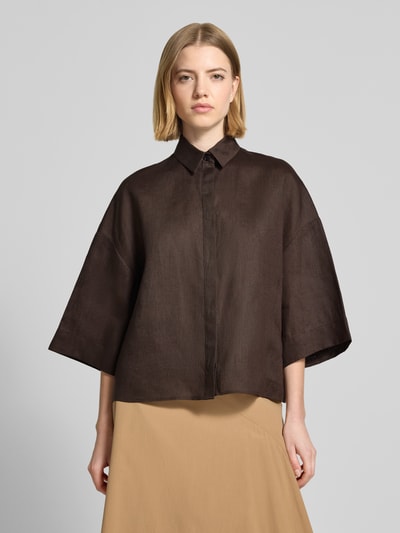 MM by Max Mara Boxy Fit Leinenbluse mit 3/4-Arm Modell 'RITO' Dunkelbraun 4