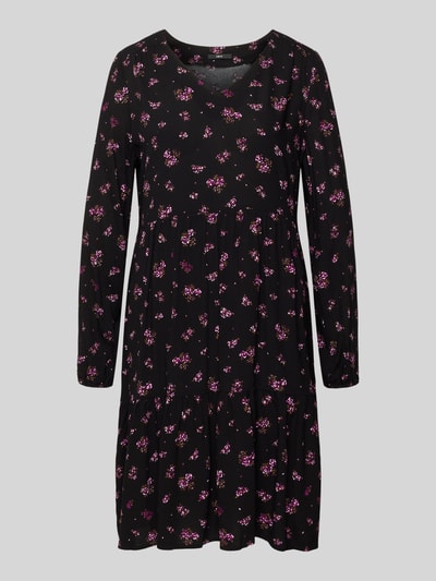 Produktfoto, Minikleid aus Viskose mit V-Ausschnitt von Zero, schwarzer Grund, kleiner floraler Print in Rosa, Taillierter Schnitt, elastische Ärmelabschlüsse, Rückenlänge 80 cm, Brustweite 39 cm, Ärmellänge 60 cm bei Größe 36.