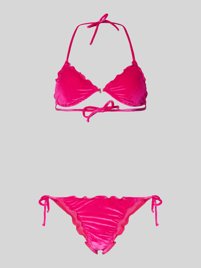 Produktfoto, Bikini-Set mit Stretch-Anteil Modell 'CIROLUMA' von Banana Moon, elastyczna mieszanka materiałów, trójkątny kształt, faliste wykończenie, ozdobne zawieszki, kolor różowy, połyskująca tekstura