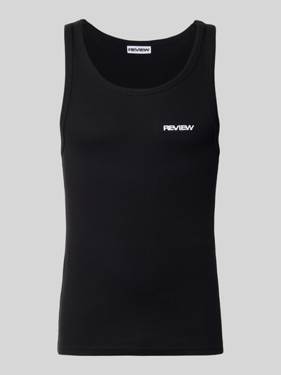 Produktfoto, schwarzes Tanktop in Ripp-Optik mit Logo von REVIEW, reine Baumwolle, Slim Fit, Rundhalsausschnitt, glatte Struktur