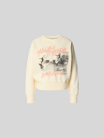 Produktfoto, Relaxed Fit Sweatshirt mit Foto-Print von Anine Bing in Creme mit Statement-Print, Reine Baumwolle, elastische Abschlüsse, Rückenlänge bei Größe S 56 cm.