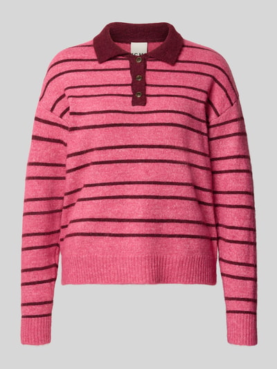 Produktfoto, Strickpullover mit Woll-Anteil Modell 'SAGE' von ICHI, pink mit schwarzen Streifen, Polokragen, Relaxed Fit, gerippte Abschlüsse, elastischer Material-Mix, Damen Strickpullover