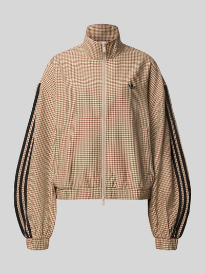 Produktfoto, Slim Fit Sweatjacke mit Logo-Stitching Modell 'CHECKS' von adidas Originals, kariertes Muster in Beige und Schwarz, Reißverschluss, strukturierte Textur, Damen Sweatjacke von adidas Originals