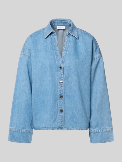 Productfoto, Jeansbluse mit überschnittenen Schultern van comma, lichte blauwe denim, loose fit, katoenmix, knoopsluiting, kimonmouwen, kentkraag, v-hals, damesmode