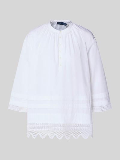 Produktfoto, Oversized Bluse mit Lochspitze von Polo Ralph Lauren in Weiß, reine Baumwolle, unifarben, Rundhals, Knopfleiste, 3/4-Arm, feine Textur