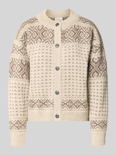 Produktfoto, Strickjacke aus Wolle im Allover-Look Modell 'HANNAH' von Dale of Norway in Beige und Braun, strukturierte Muster, reine Wolle, Rundhalsausschnitt, Knopfleiste, Regular Fit, Rückenlänge 52 cm, Ärmellänge 50 cm