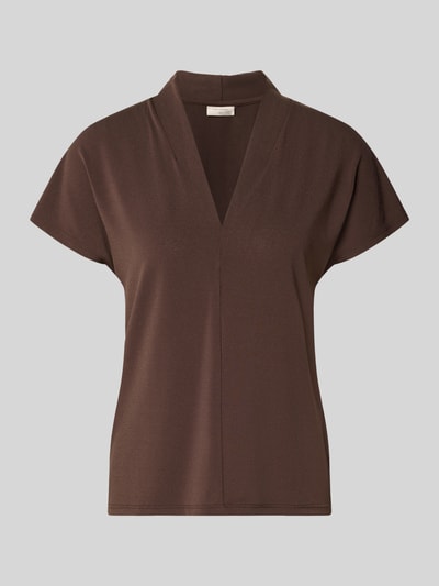 Produktfoto, Regular-Fit Bluse mit V-Ausschnitt Modell 'Yrsa' von FREE/QUENT in Dunkelbraun, Elastischer-Material-Mix, Stehkragen, Kurzärmelig, Rückenlänge 58 cm bei Größe S, glatte Textur