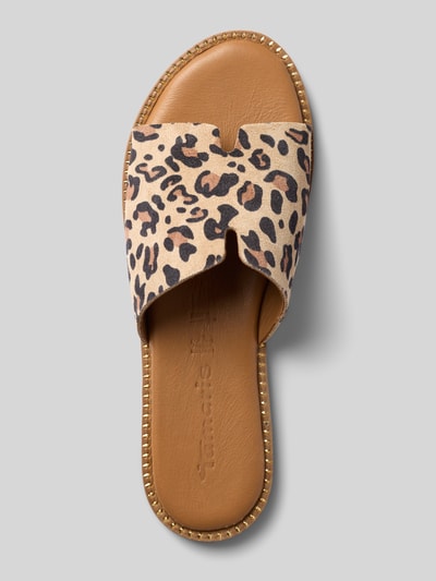 Produktfoto, Pantoletten aus echtem Leder von Tamaris mit Optik:Allover-Muster, Animal-Print, Abgerundet, Label-Prägung, Schlupf/offen, Sohle: Strukturiert, Materialverarbeitung: Nubuk, Farbe beige-braun-schwarz.