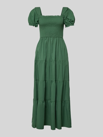 Produktfoto, Maxikleid mit Smok-Details und Karree-Ausschnitt von Apricot z bawełny, taliowany fason, prostokątny dekolt z falbanami, rękawy z falbanami, długość tyłu w rozmiarze S: 116 cm, szerokość w rozmiarze S: 32 cm, długość rękawów w rozmiarze S: 21 cm