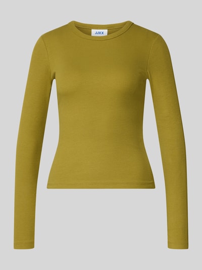 Produktfoto, shirt met lange mouwen in olijfgroen met riblook, skinny fit, ronde hals, Model 'FREYA' van JJXX, mix van katoen en elastaan
