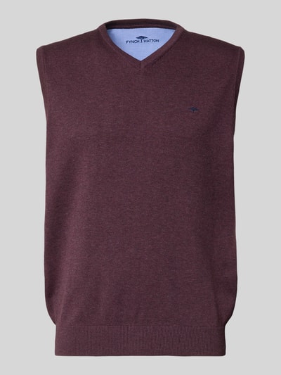 Produktfoto, Pullunder mit Label-Stitching von Fynch-Hatton in Bordeaux, reine Baumwolle, V-Ausschnitt, gerippte Abschlüsse, Regular Fit