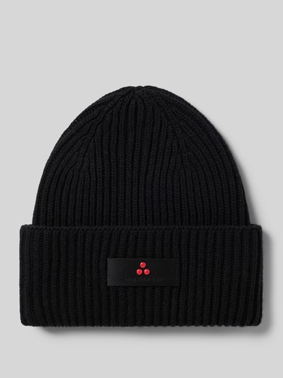 Produktfoto, schwarze Strick-Mütze mit Peuterey-Logo aus Viskose-Mix mit Woll-Anteil, Modell 'Savis', detailreiche Struktur.