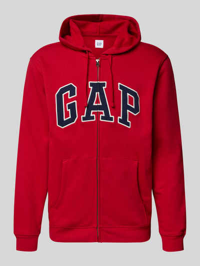 Produktfoto, Sweatjacke mit Logo und Känguru-Tasche von GAP in leuchtendem Rot, Baumwoll-Mix, Regular Fit, Reißverschluss, Logo-Applikation.