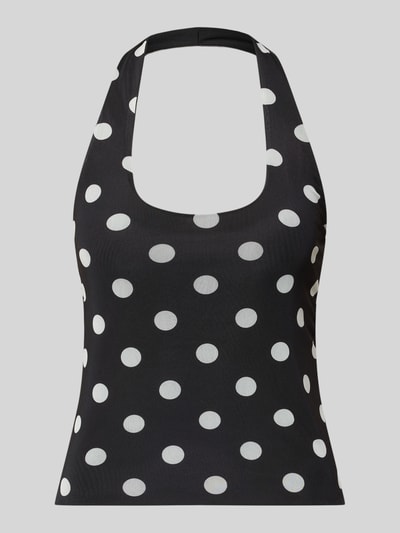 Produktfoto, schwarzes Neckholder-Top im Allover-Look mit weißen Punkten, Modell 'DOTTIE' von NOISY MAY®, Material-Mix mit Stretch