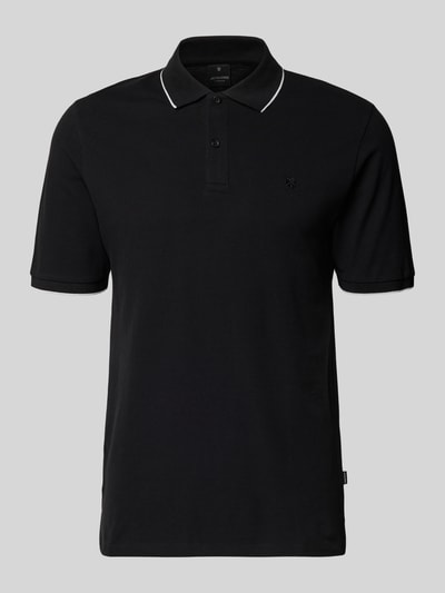 Produktfoto, Slim Fit Poloshirt mit Stitching von Jack & Jones Premium, czarna bawełna, krój slim fit, haft, listwa guzikowa, długość tyłu w rozmiarze M 70 cm