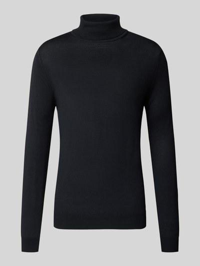 Produktfoto, Wollpullover mit Rollkragen von Christian Berg Men, dunkel, glatter Woll-Mix, gerippte Abschlüsse, gerader Schnitt
