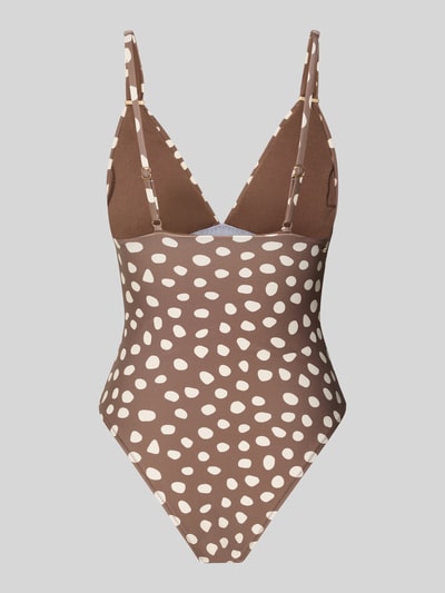 Produktfoto, Badeanzug mit V-Ausschnitt Modell 'Dauna Plunge' von Barts aus braunem Material-Mix mit Stretch-Anteil, Shaping-Funktion, gepunktetes Muster, Label-Detail.