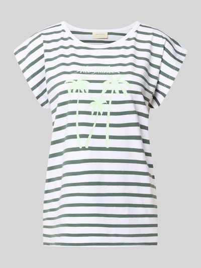 Produktfoto, T-Shirt mit Motiv-Print Modell 'Fenjal' von FREE/QUENT, paski zielono-białe, bawełna organiczna, krój regular fit, okrągły dekolt