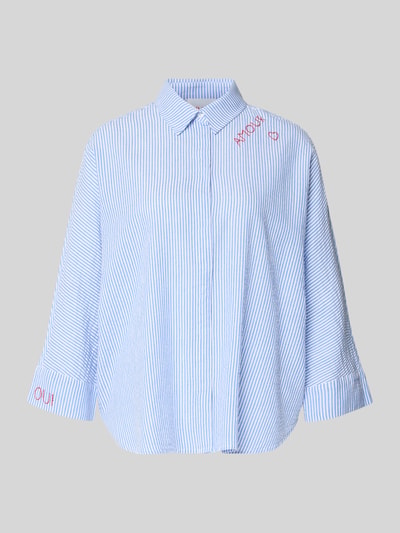 Produktfoto, Relaxed Fit Bluse mit Stitchings und 3/4-Arm von Oui, feine blau-weiße Streifen, reine Baumwolle, Hemdblusenkragen, strukturierte Oberfläche