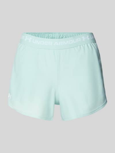 Produktfoto, Shorts mit elastischem Bund und Logo von Under Armour in Hellblau, Regular-Fit, Label-Details, glatte Textur, Bundweite 39 cm, Innenbeinlänge 8 cm.