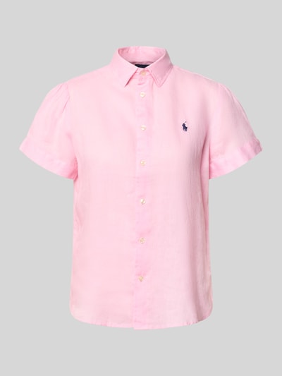 Produktfoto, Regular Fit Leinenbluse aus reinem Leinen von Polo Ralph Lauren, efekt: jednolity kolor, krój regular fit, kołnierzyk koszulowy, wyhaftowane logo, dekolt w serek, listwa guzikowa, krótki rękaw, cieniowana przędza, materiał: len