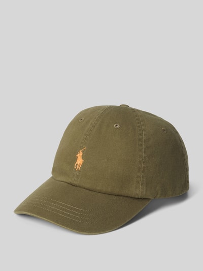 Productfoto, Basecap uit pure katoen van Polo Ralph Lauren, effen ontwerp, logo-applicatie, geborduurde luchtgaatjes, verstevigde klep, verstelbare band, textuur van soepele katoen, natuurlijke groentint
