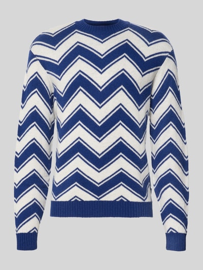 Produktfoto, Strickpullover aus Schurwolle-Mix mit Rundhalsausschnitt von Armani Exchange, Blau-Weiß mit Zickzackmuster, Regular Fit, gerippte Abschlüsse, Rückenlänge 65 cm, Ärmellänge 69 cm