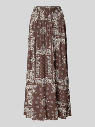 Productfoto, bruin-witte uitlopende dames maxi rok met paisley print, zachte viscose textuur, Ausgestellter Maxi-Rock aus reiner Viskose Modell 'SAKI AMBEL' van Only, dames maxi rok